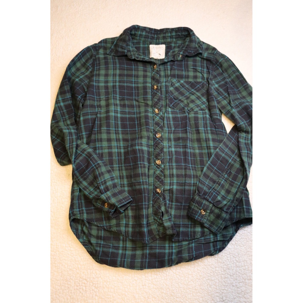 LA Hearts Womens Green Navy Blue Plaid Flannel Button Down Shirt XS Long Sleeve